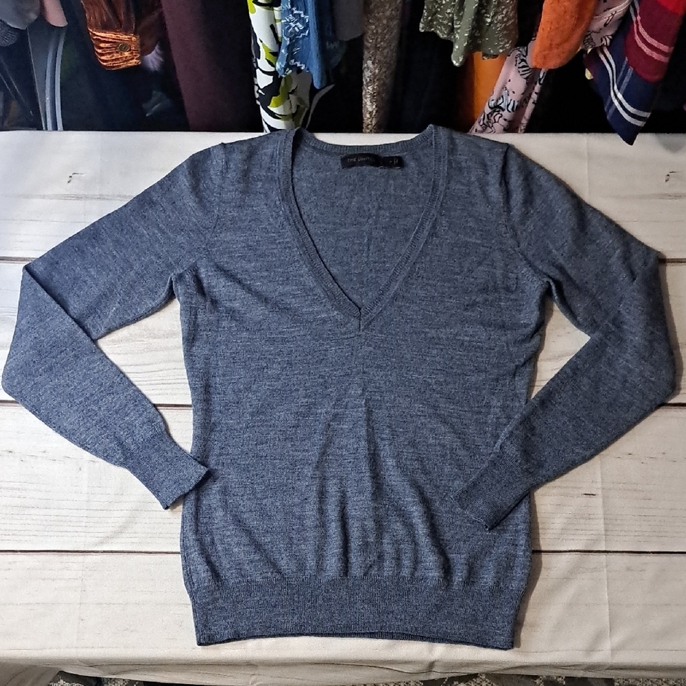 The Limited Blue Knit Long Sleeve V Neck Top Merino Wool Acrylic Blend Size Med